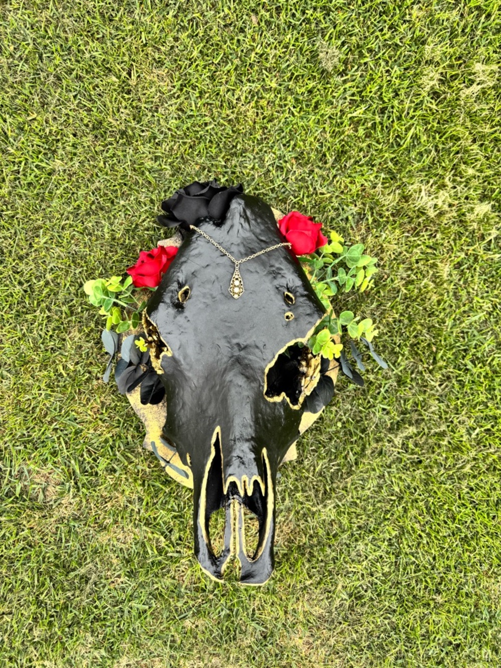 Black and Gold Decorative Animal Skull Wall Accent with Floral Detail